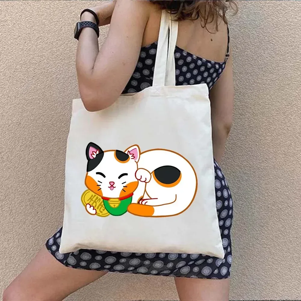 sac fourre-tout en toile à bandoulière pour le shopping, motif maneki neko, chat porte-bonheur japonais mignon, style mont fuji, style japonais, geisha de kyoto, tokyo japon
