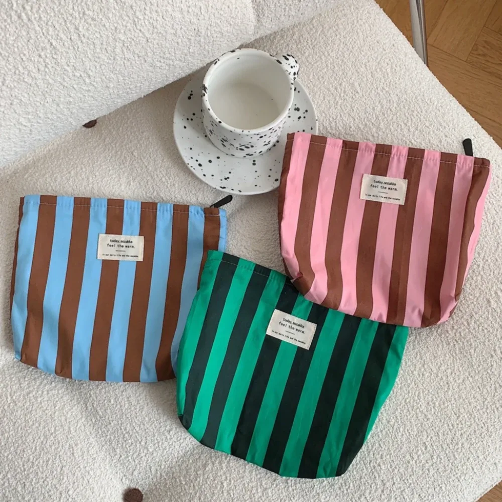 Sacs de rangement rayés contrastés pour femmes, sacs cosmétiques mignons de grande capacité, trousse de maquillage, pochette en toile, sacs à main