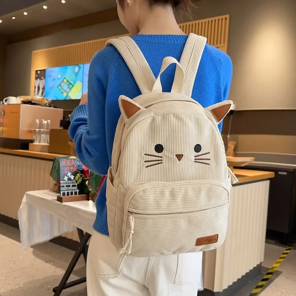 Sac à dos tendance en velours côtelé imprimé chat de dessin animé, minimaliste et multicolore, mignon pour étudiants, idéal pour l'école et l'extérieur