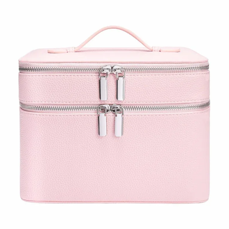 trousse de maquillage en cuir double couche grande capacité, organiseur de cosmétiques étanche, trousse de toilette de voyage portable pour femmes