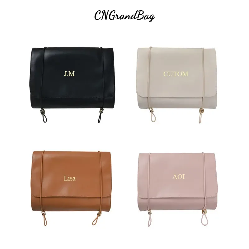 Sac à cosmétiques en cuir PU avec lettres personnalisées, sac de rangement pour pinceaux de maquillage de voyage, sac de lavage quatre en un détachable, pratique à la mode
