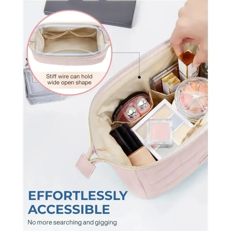 trousse de maquillage trousse de toilette de voyage sacs de maquillage rembourrés gonflés pochette large ouverte sac à main essentiels de voyage accessoires de toilette brosses