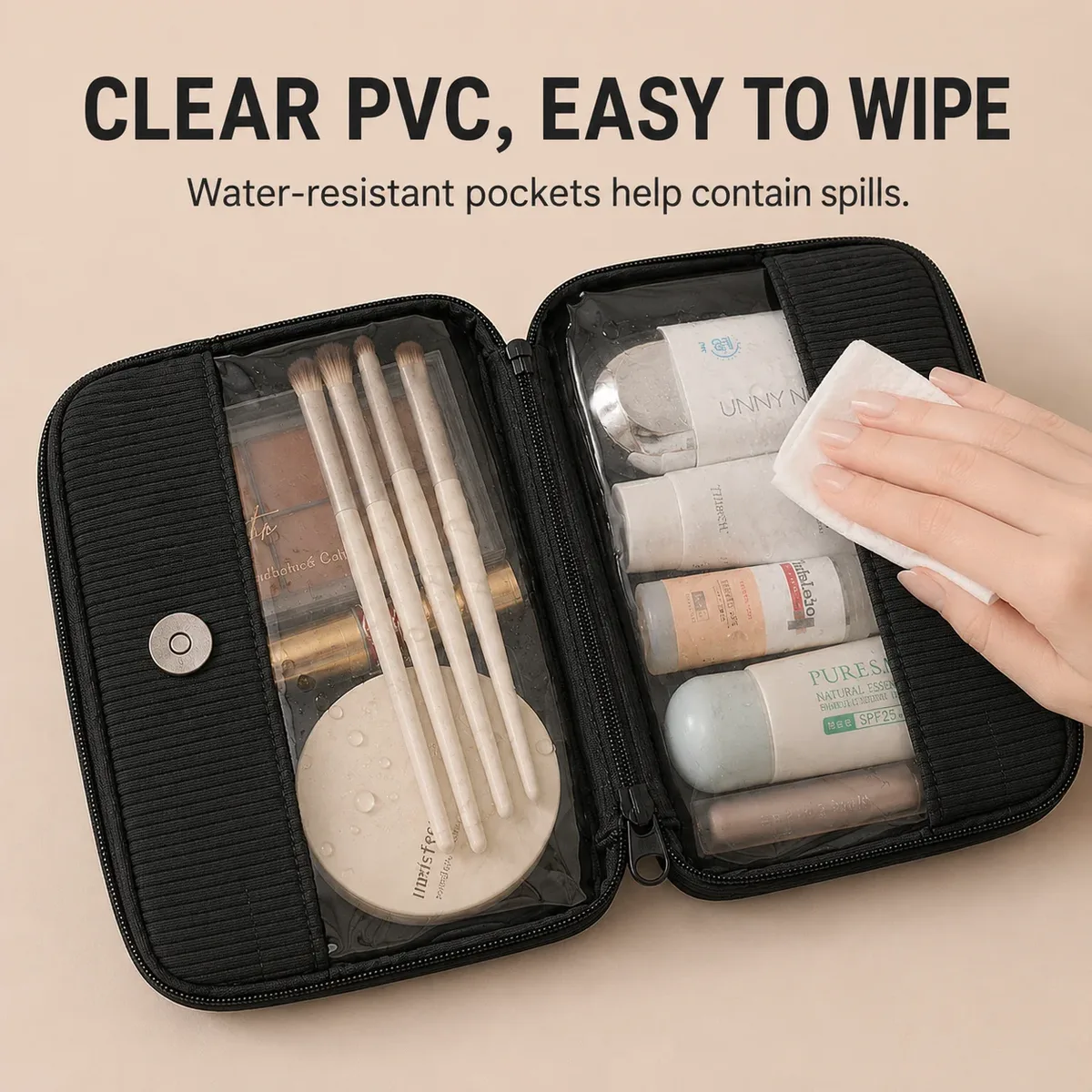 trousse de maquillage de voyage transparente en pvc, organisateur cosmétique en polyester côtelé, pochette de toilette à compartiments séparés, étui de rangement portable pour articles de beauté