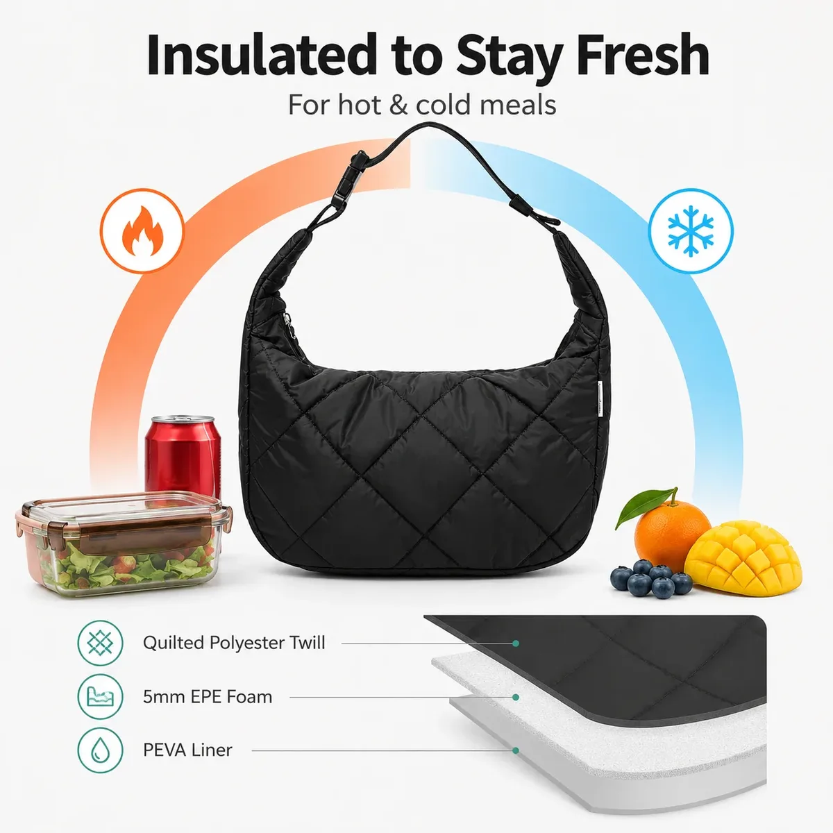 grand sac isotherme matelassé tendance pour femme, sac fourre-tout thermique imperméable pour le bureau, boîte à bento avec sangle