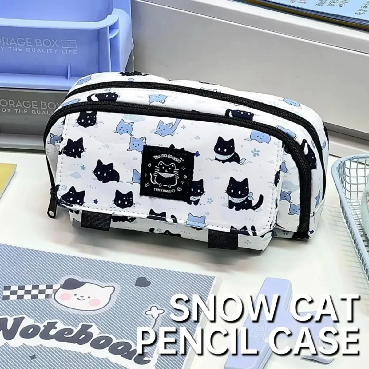 nouvelle arrivée : trousse à crayons chaton blanc neige, esthétique haut de gamme, double couche, multifonctionnelle, imprimée, pour étudiants du collège