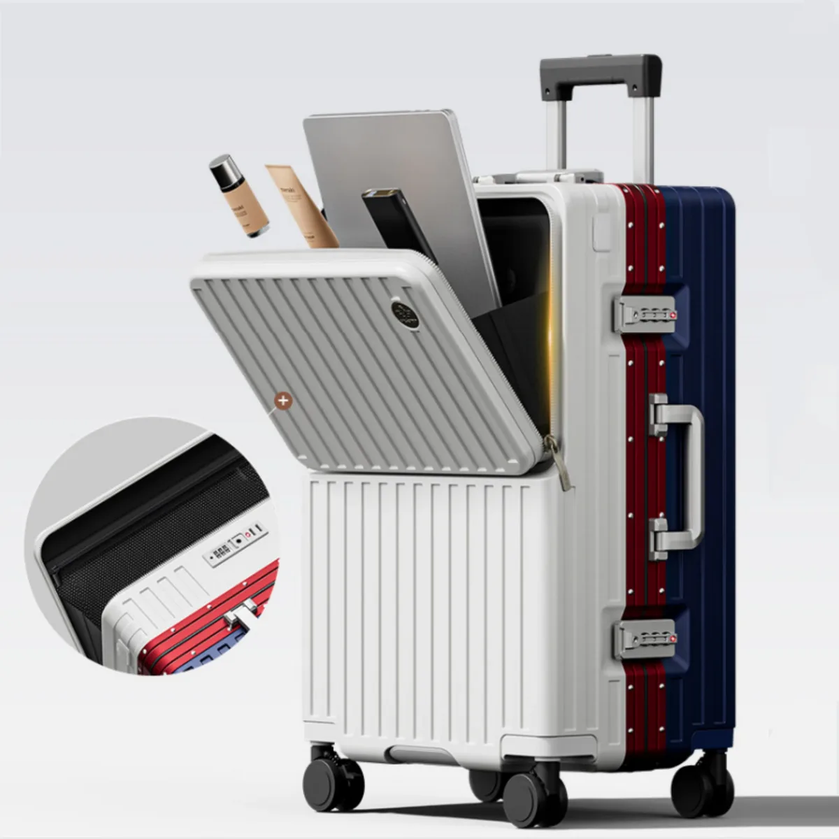 valise à ouverture frontale en pc avec cadre en aluminium, serrure tsa, porte-gobelet et port de charge 20/24/26 pouces