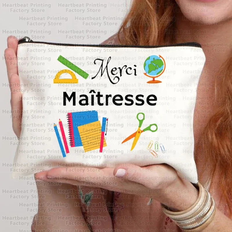 sac à cosmétiques de voyage imprimé français merci maîtresse, sac à rouge à lèvres, trousse à crayons, pochette pour femmes, cadeau de rentrée scolaire