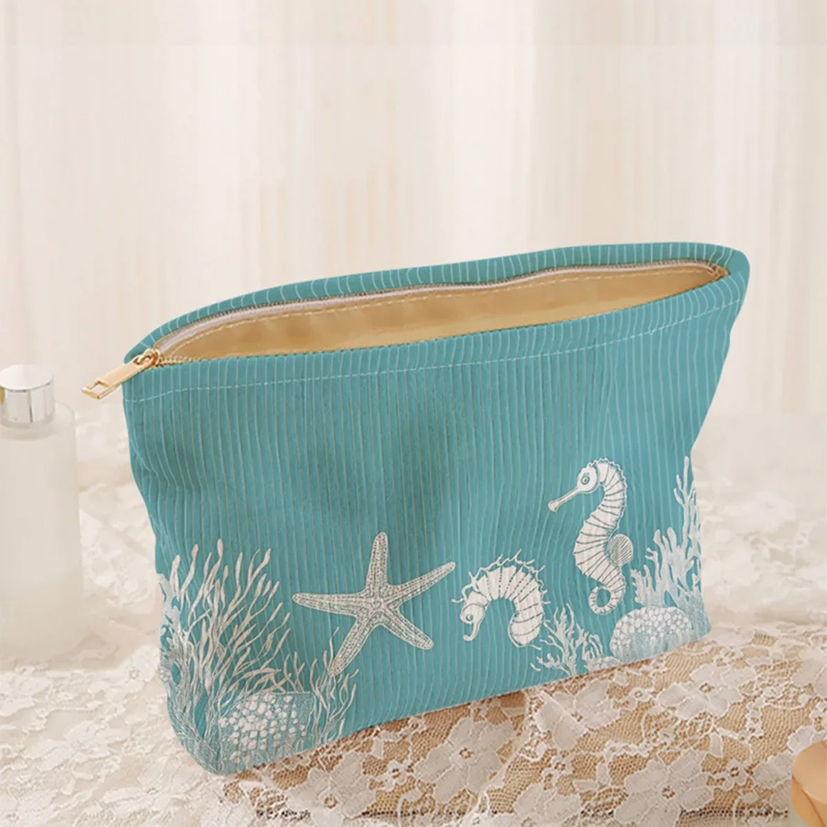 trousse de maquillage en velours côtelé à motif océan, boîte de rangement légère à fermeture éclair, sac multifonctionnel avec doublure, utilisé pour ranger les cosmétiques