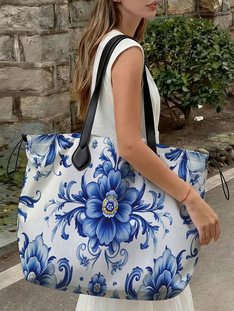 Sac fourre-tout en toile à imprimé floral en porcelaine bleue et blanche, sac à bandoulière de grande capacité pour le shopping, les voyages et l'usage quotidien