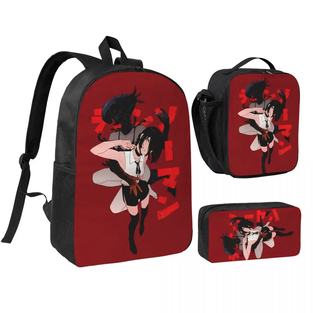 anime tronçonneuse homme 3pecs/ensemble sac à dos pour étudiant ordinateur portable sac à bandoulière sac à déjeuner trousse à crayons