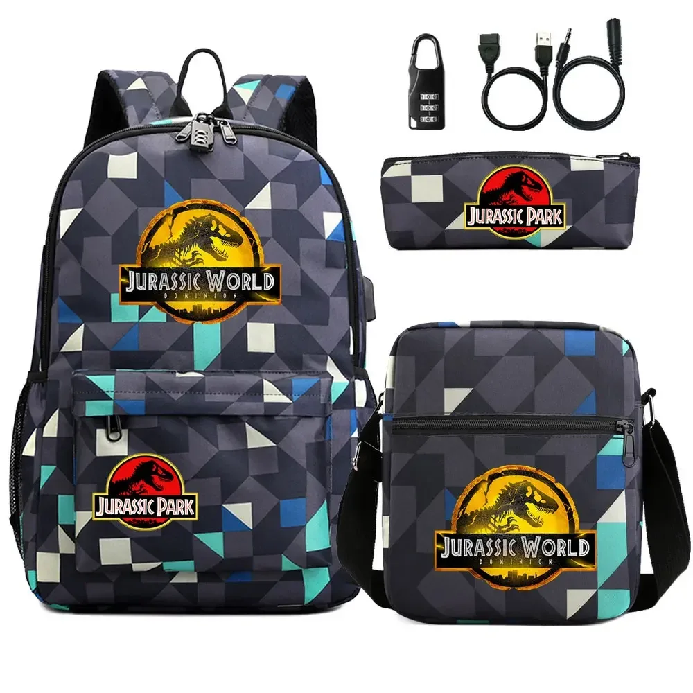 dinosaure jurassic park world 3 pièces usb antivol serrure garçon fille enfants école livre sacs voyage sac à dos sac à bandoulière stylo sac
