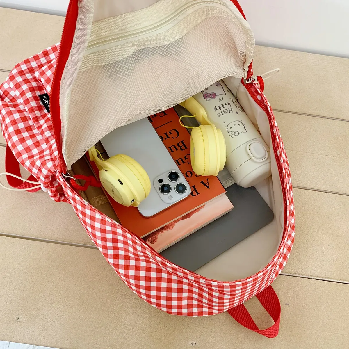 sac à dos grande capacité pour femme, style universitaire, motif chien saucisse de dessin animé coréen, sac à livres polyvalent à carreaux, loisirs et voyage