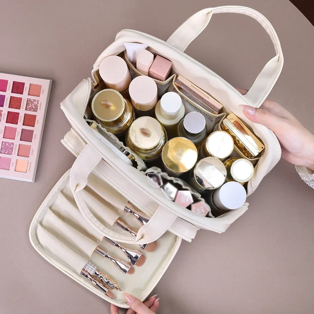 sac à cosmétiques en pu de grande capacité, organisateur de maquillage portable, options pour les voyages et l'usage quotidien, rangement pour cosmétiques et articles de toilette