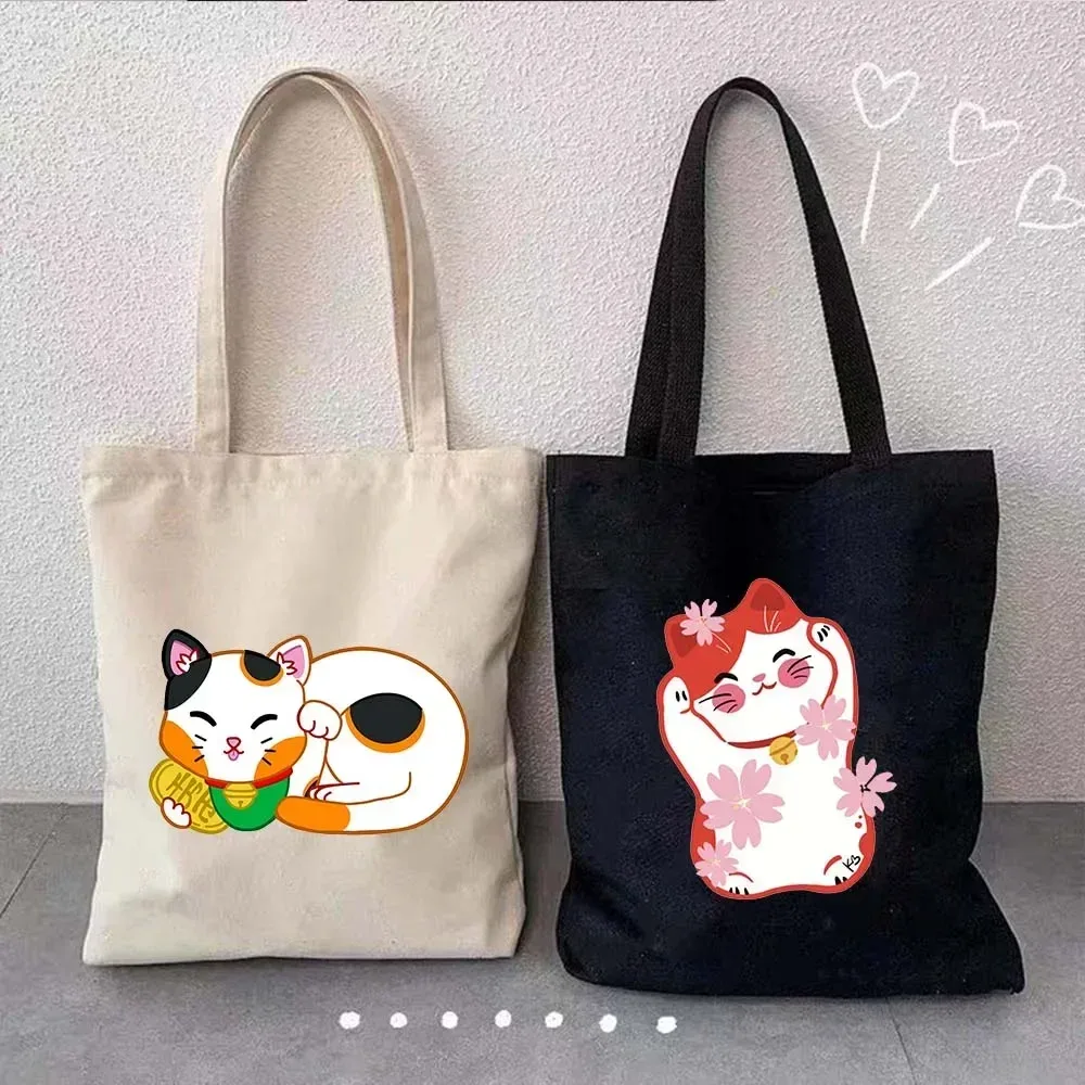 Sac fourre-tout en toile à bandoulière pour le shopping, motif Maneki Neko, chat porte-bonheur japonais mignon, style Mont Fuji, style japonais, Geisha de Kyoto, Tokyo Japon