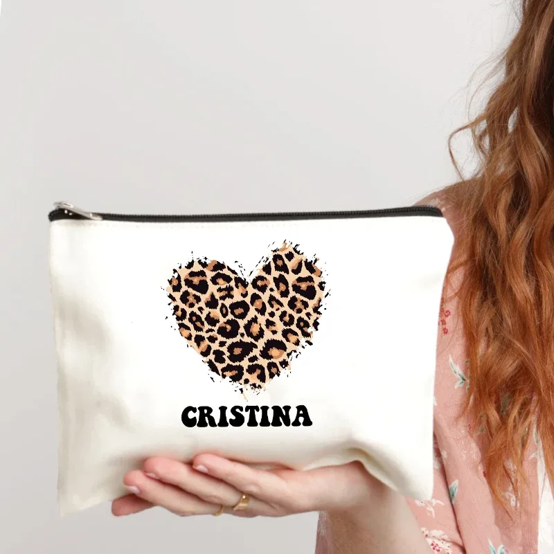 coeur léopard motif nom personnalisation blanc sac de maquillage toile sac de lavage organisateur mode voyage rouge à lèvres sacs de rangement portefeuille