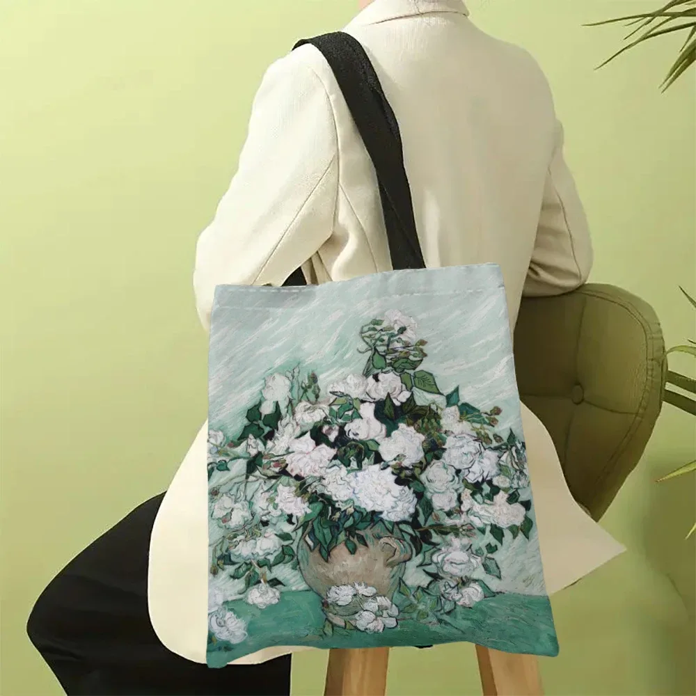 sac en toile imprimé la série van gogh, sac à bandoulière léger, sac de shopping polyvalent, sac à main de support
