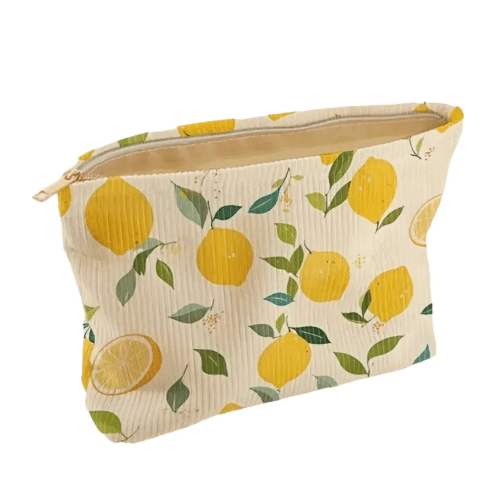 sac à cosmétiques portable citron jaune, style coréen avec fermeture éclair, pochette à cosmétiques, trousse de toilette en polyester pour voyage en plein air