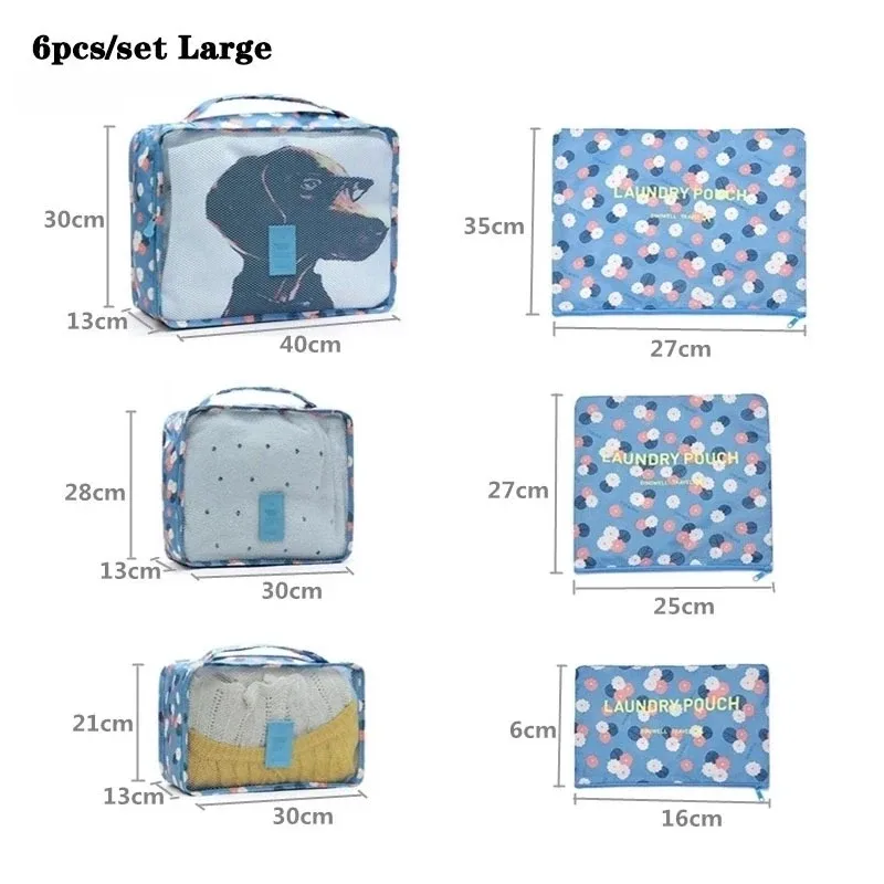 sacs de rangement de voyage, valise, emballage, étuis de rangement, bagages, vêtements, chaussures, sac en poudre bien rangé, grand ensemble de 6 pièces