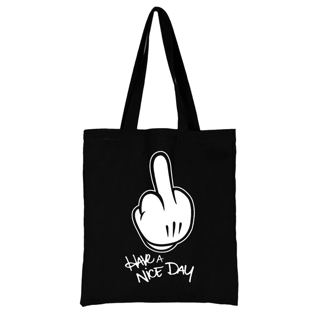 sac de shopping en toile noire pour femmes, fourre-tout décontracté réutilisable, sac à bandoulière à motif blanc imprimé, sac à main pliable de grande capacité