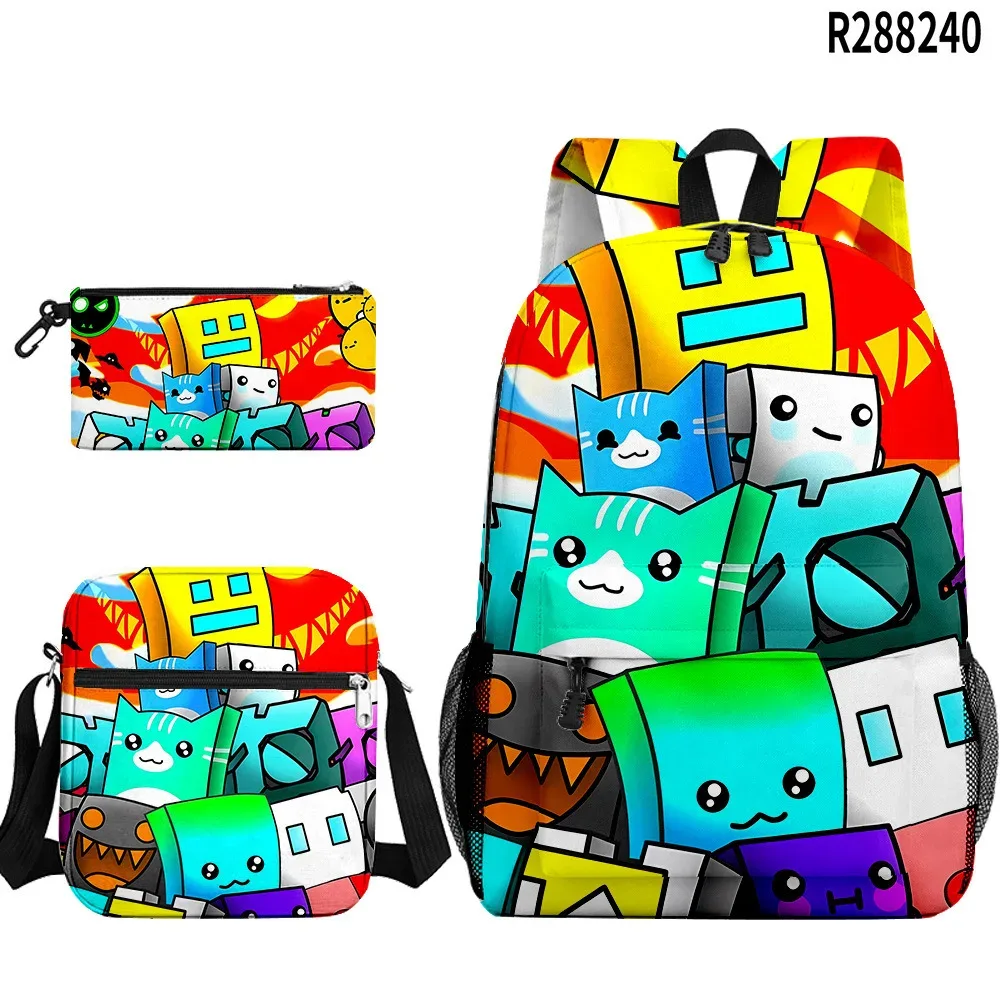 populaire cool geometry dash 3d imprimé 3 pièces/ensemble sacs d'école pour élèves sac à dos pour ordinateur portable sac à dos sac à bandoulière incliné trousse à crayons
