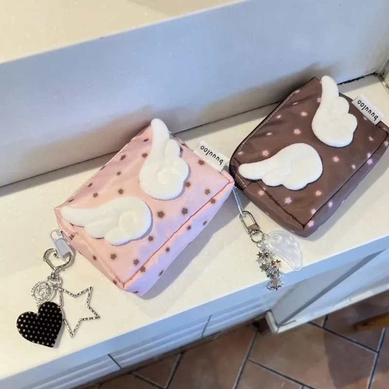 pochette à fermeture éclair avec motif d'ailes d'ange, sac cosmétique à imprimé étoile kawaii, mini organisateur en nylon pour le maquillage et les petits objets