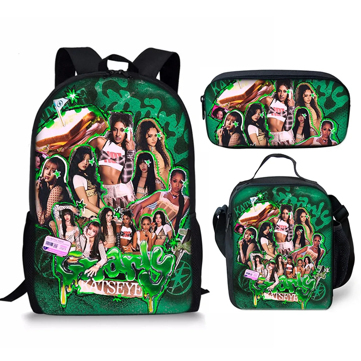 sac à dos scolaire classique populaire kpop katseye imprimé 3d, ensemble de 3 pièces, sac à dos pour ordinateur portable, sac à déjeuner, trousse à crayons