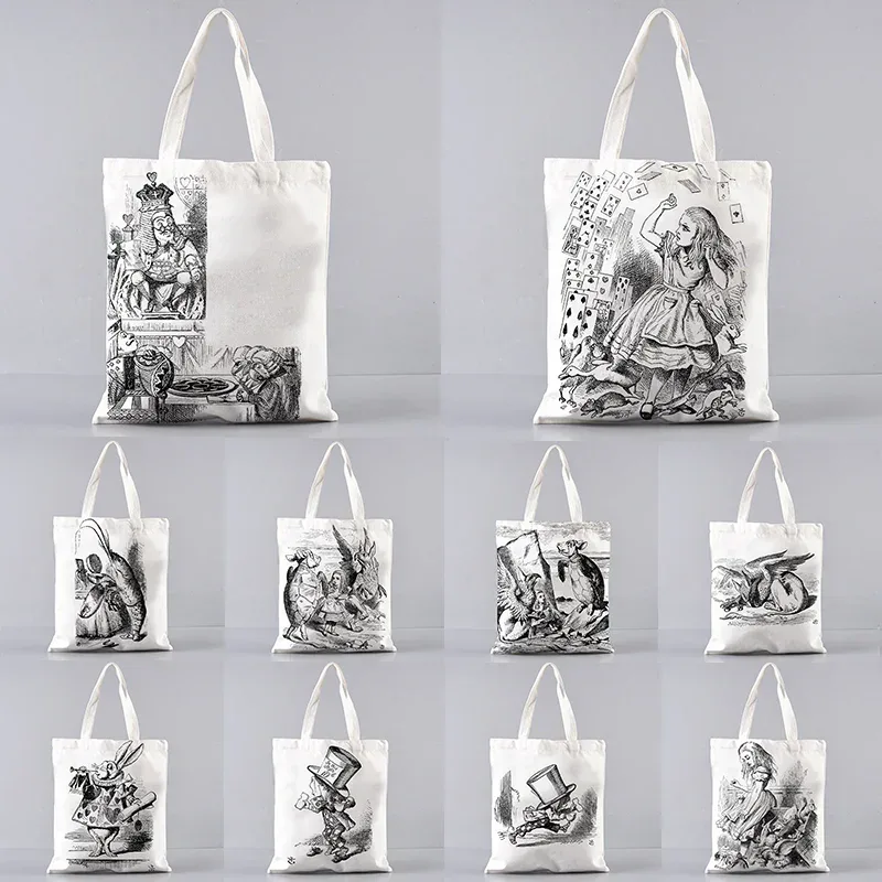 Sac fourre-tout en toile Alice au pays des merveilles, sac à main à bandoulière pour femmes, sac à livres portable pour étudiants, sac de courses quotidien pour filles