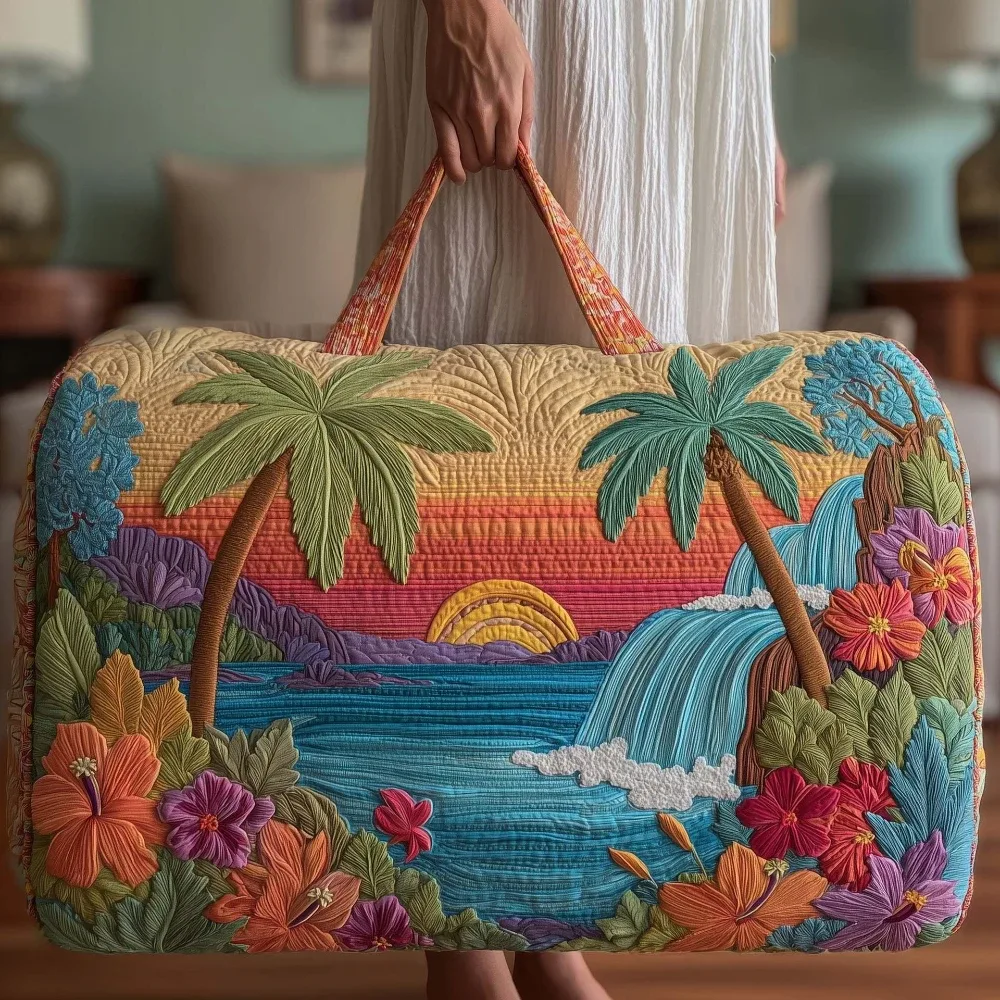 Sac de voyage matelassé imprimé en 3D, paysage tropical de coucher de soleil et phare côtier, sac de voyage tendance pour la plage, la randonnée et le camping