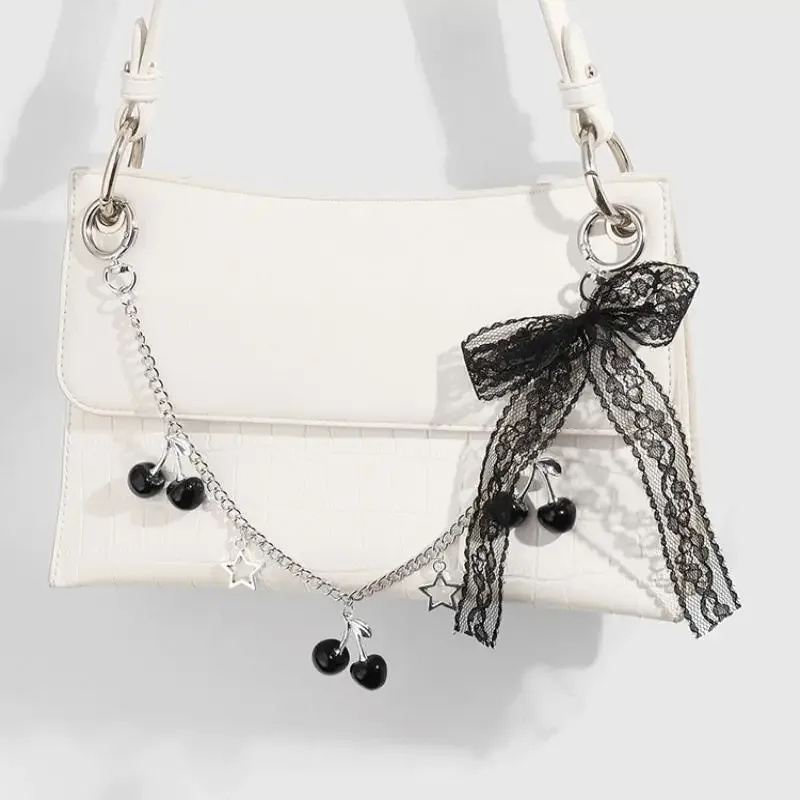 porte-clés en dentelle avec nœud cerise et fraise pour femmes, sacoche tendance, chaîne, pendentif de sac mignon, accessoires de décoration, cadeau