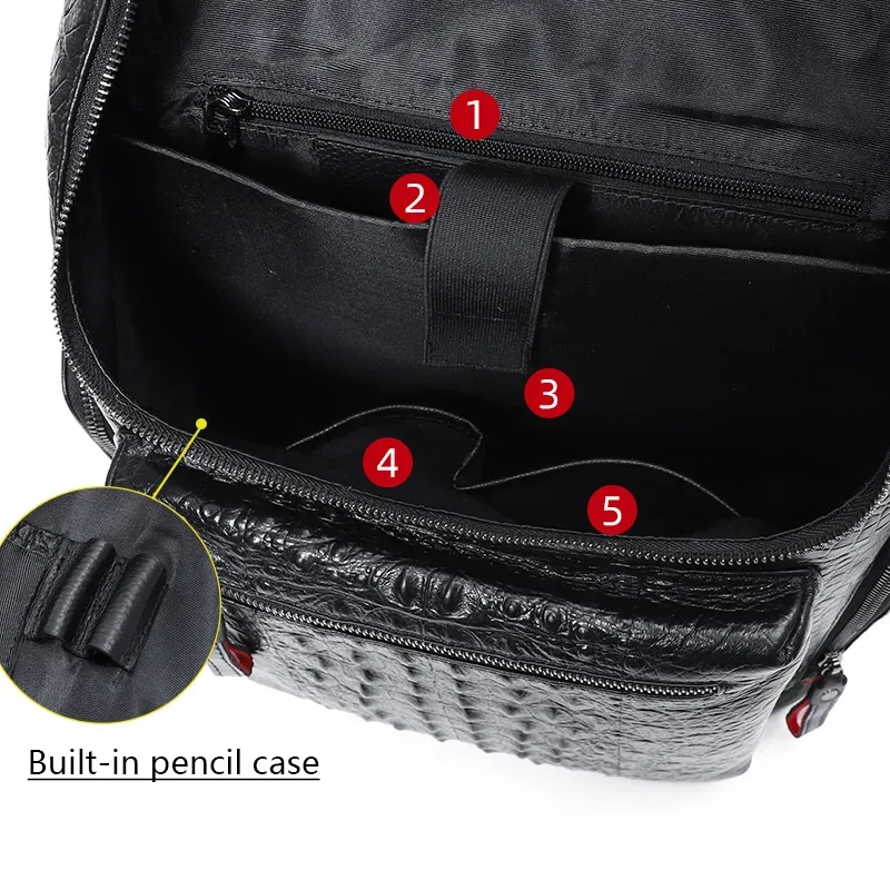 sac à dos en cuir de crocodile véritable pour ordinateur portable, sac à dos de voyage pour homme, grand sac à dos étanche pour adolescent, cartable, 15.6 pouces