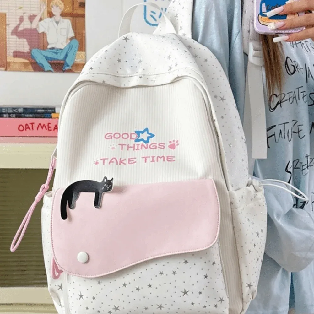 sac à dos tendance motif chat et étoiles, multicolore, en nylon imprimé, léger, mignon, idéal pour les étudiants, cadeau