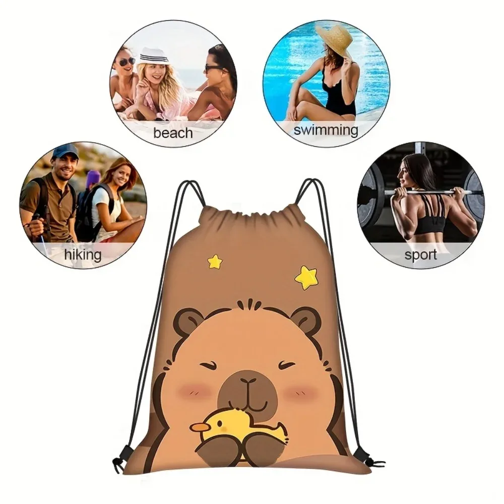 sac à dos à cordon de serrage personnalisé avec nom capybara, sac de rangement léger en polyester avec poches pratiques pour la salle de sport, le yoga, 1 pièce