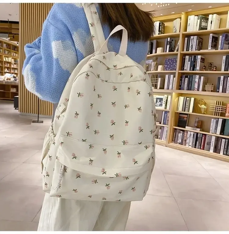 sac à dos scolaire floral blanc pour adolescentes, sac à dos mignon pour femmes, sac à livres en nylon, nouveauté 2026