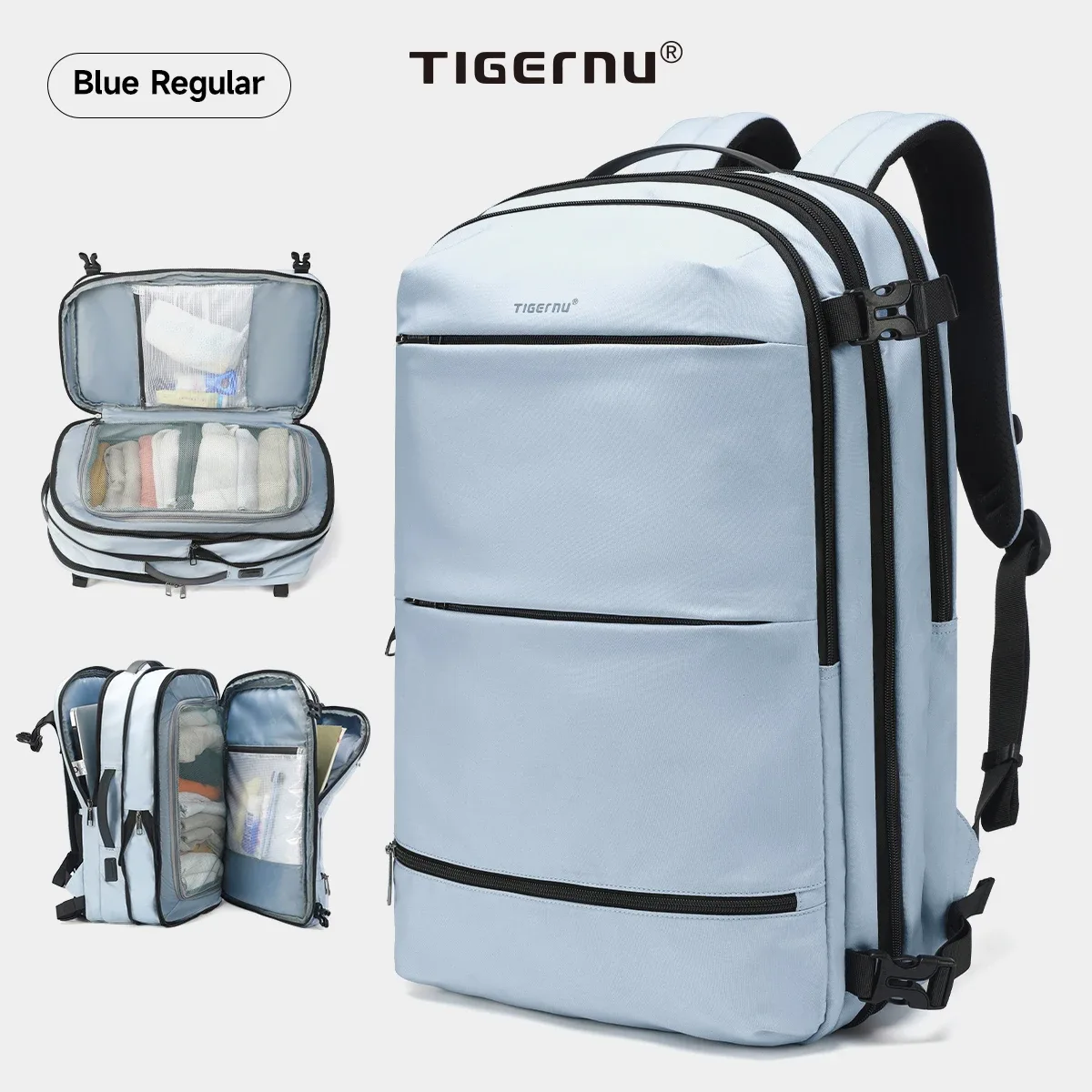 sac à dos de voyage tigernu extensible à compression sous vide 27l-37l pour cabine d'avion, avec compartiment pour ordinateur portable 17 pouces et port usb