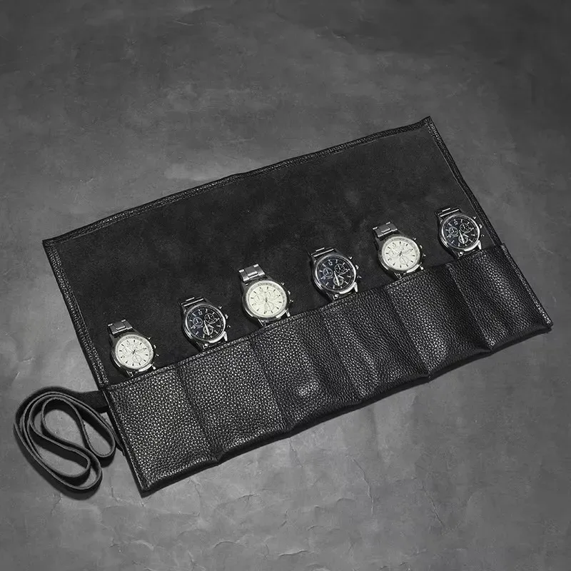sac de rangement de montre en cuir de vache avec nom personnalisé gratuit, sac de montre enroulable à 6 fentes, pochette de rangement de montre intelligente portable d'affichage de voyage