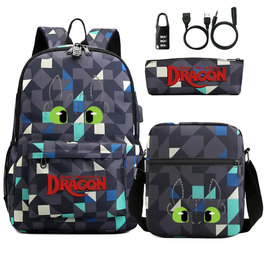 comment entraîner votre dragon 3 pièces usb antivol serrure garçon fille enfants retour à l'école livre sacs voyage sac à dos sac à bandoulière sacs à stylos