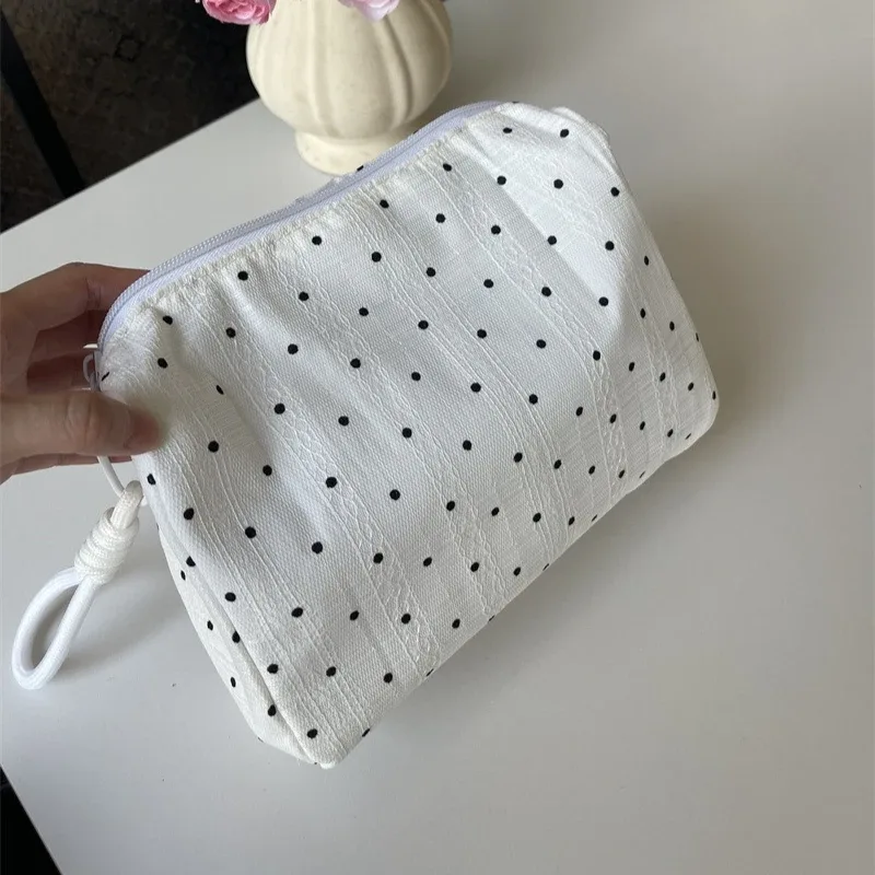 trousse de maquillage à points noirs pour femmes, pochette de rangement de cosmétiques, trousse de toilette de style doux