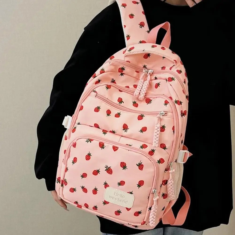 sac à dos en velours côtelé, ensemble de trois pièces, imprimé fraise, sac à dos quotidien décontracté, niche, grande capacité, sac à dos léger pour les déplacements