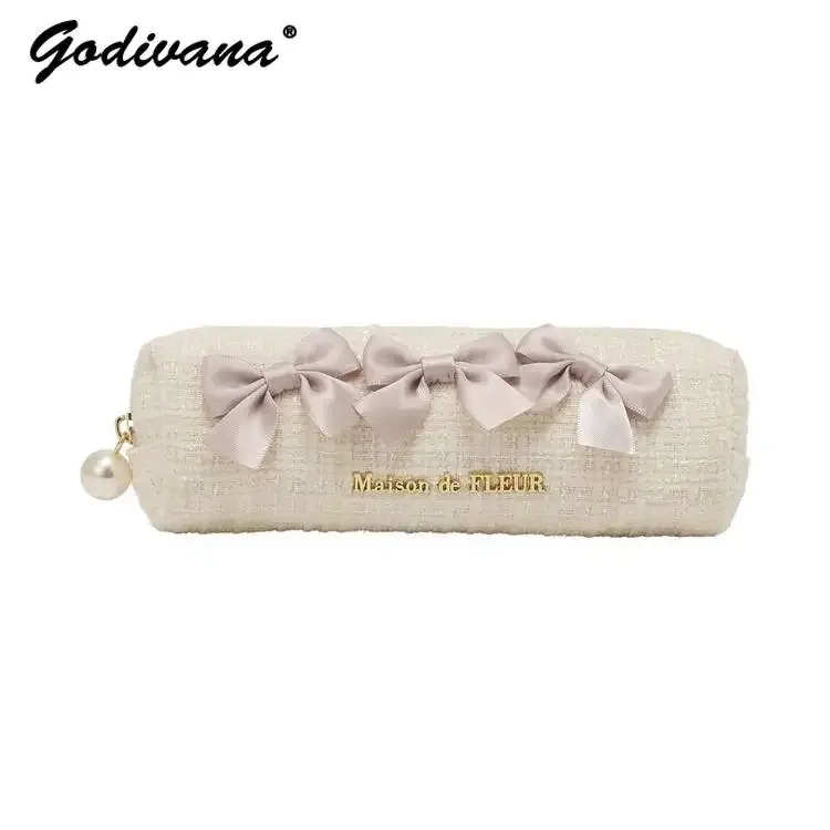 étui à crayons en tweed avec nœud papillon mignon de style japonais, mini organisateur, sac de maquillage pour filles et femmes