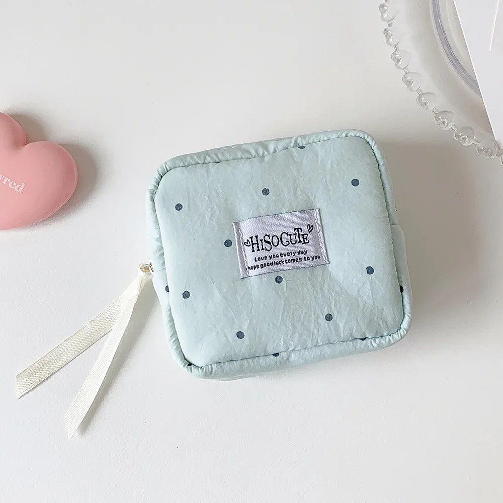 pochette cosmétique carrée à pois, petite pochette portable pour rouge à lèvres, sac de rangement simple pour serviettes hygiéniques pour étudiantes