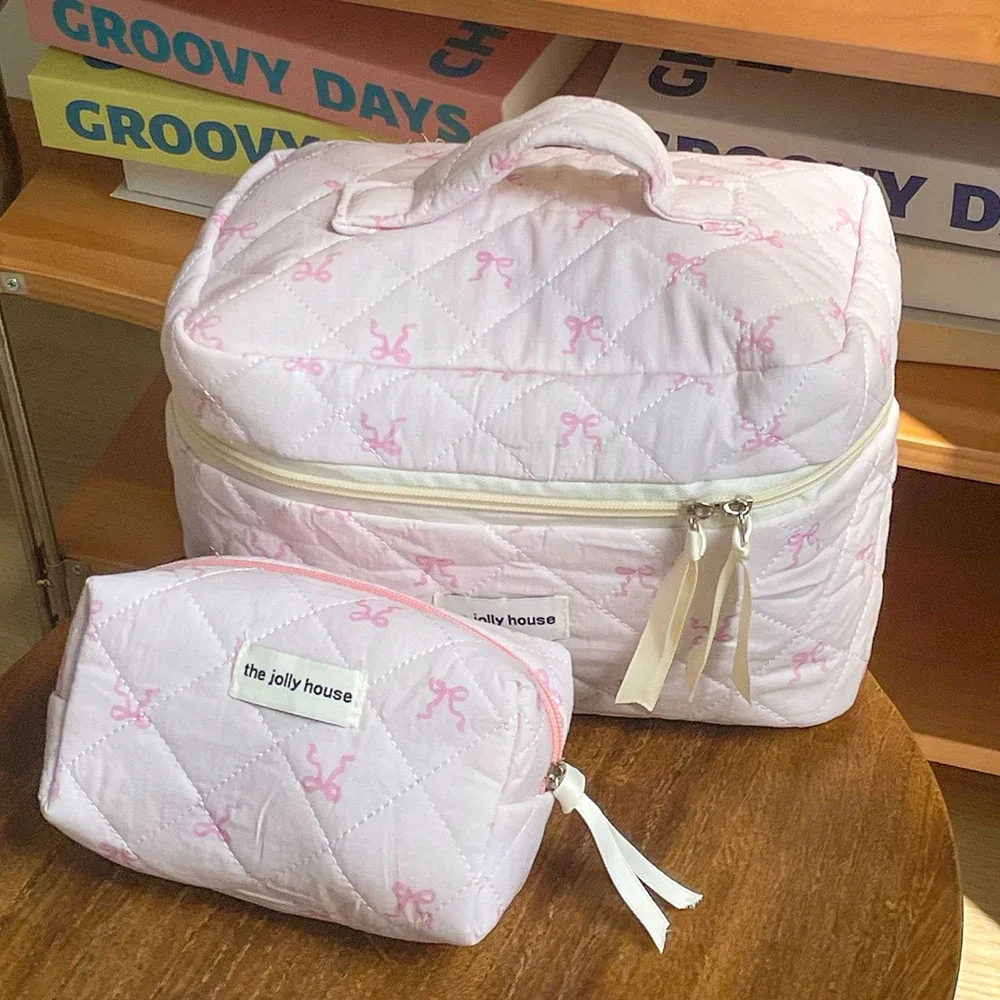 sac de toilette matelassé rose fraise pour femme, pochette de rangement portable pour maquillage et articles de toilette, sac à main zippé pour dames