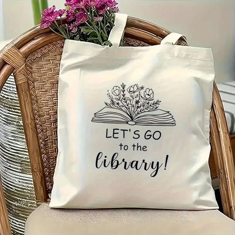 sac fourre-tout pour bibliothèque, sac léger en toile pour les amateurs de livres, motif livre ouvert et floral, sac de courses réutilisable blanc crème