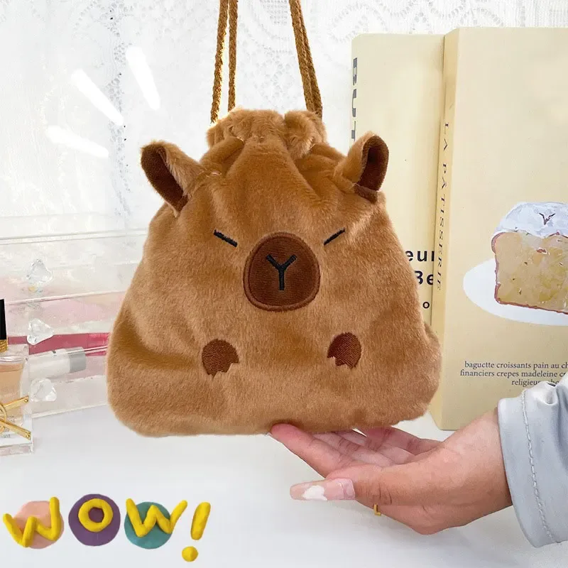 sac de rangement portable à cordon, cadeaux, mignon dessin animé capybara kawaii, pochette cosmétique, sacs de rangement en peluche capybara de grande capacité