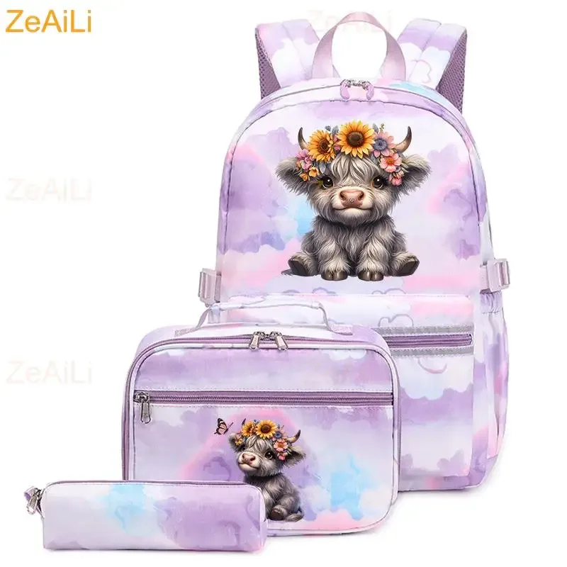 lot de 3 sacs à dos mignons pour étudiants et adolescents, motif patte de chien et chat, couleur violette, avec sac à déjeuner, sac de voyage coloré, sacs d'école pour garçons et filles, ensembles de mochilas