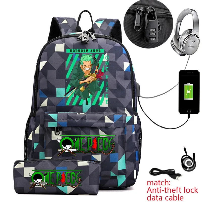 sac à dos d'école imprimé one piece zoro, antivol, pour enfants et adolescents, avec trousse à crayons