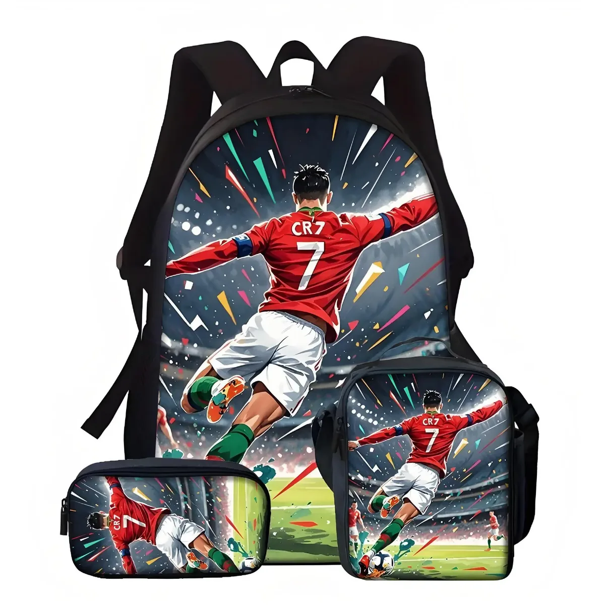 sac d'école décontracté à imprimé cr7 avec sac à déjeuner et trousse à crayons, ensemble de 3 pièces, sacs à dos pour étudiants du primaire, garçons et filles, cadeaux d'anniversaire
