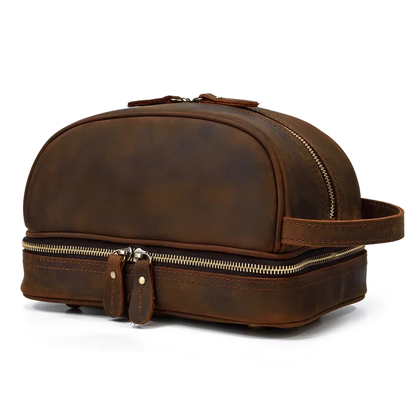 petit sac de voyage de bonne qualité, portefeuille de voyage en cuir crazy horse, sac de rangement, sac de maquillage de lavage pour trousse de toilette de voyage