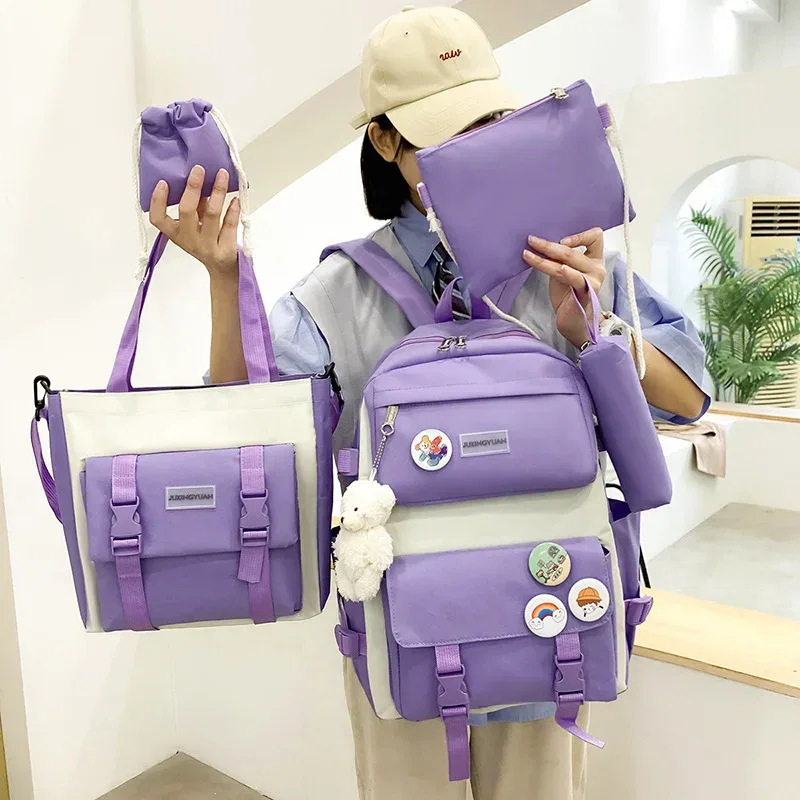 sac à dos d'école multifonction pour fille, ensemble combiné de 5 pièces, mode coréenne mochila kawaii, grande capacité, violet, rose, 2024