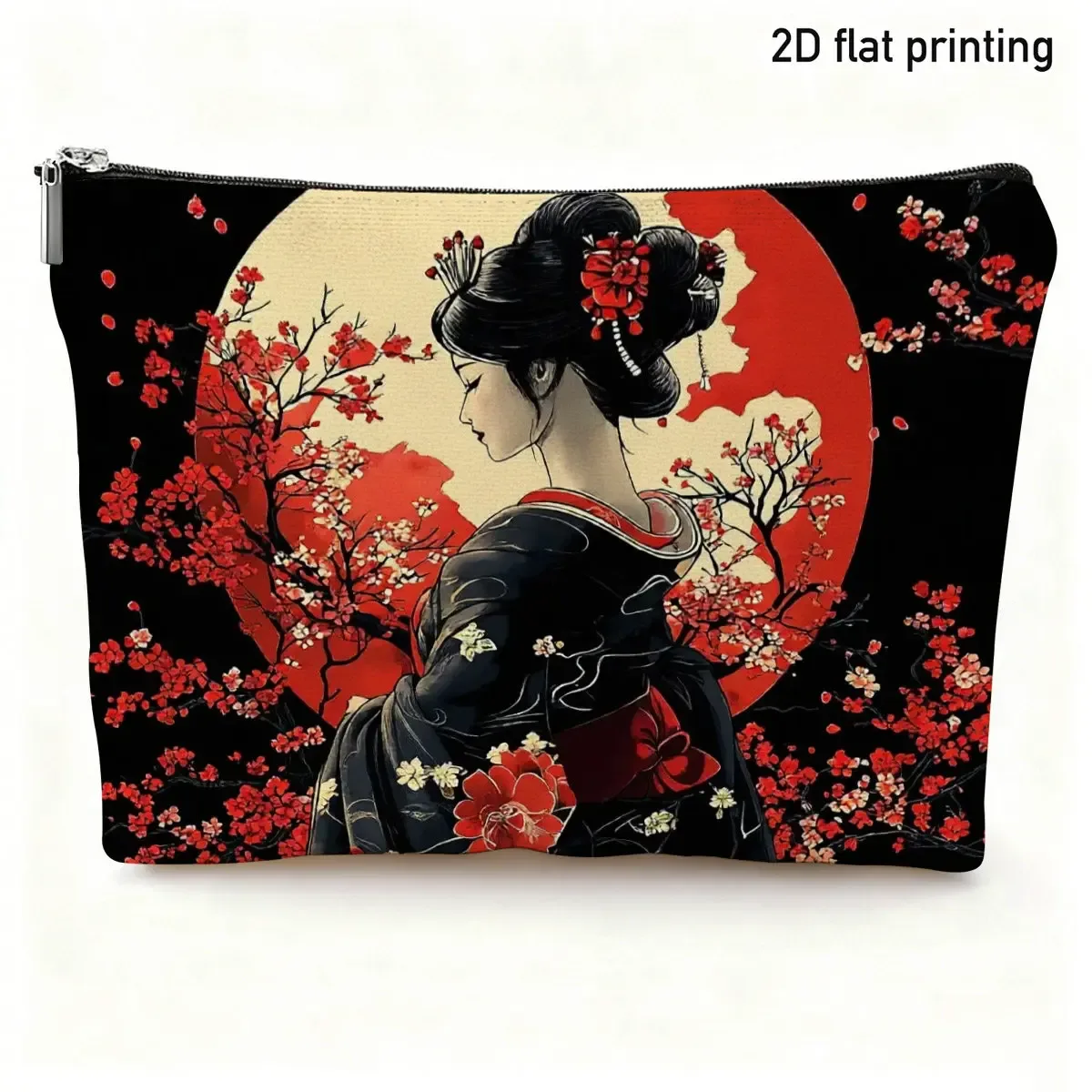 1 pièce trousse de maquillage style japonais geisha motif fleurs de cerisier, élégante, imprimé floral lune rouge, pour voyage, articles de toilette, rangement quotidien de produits de beauté, cadeau