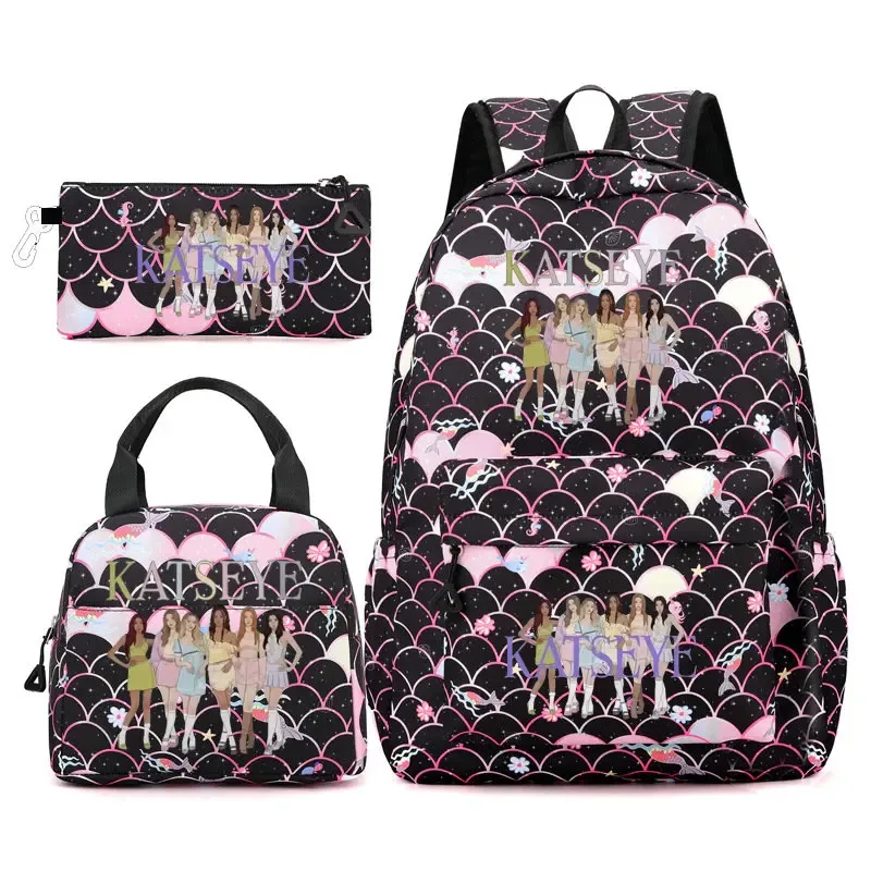 ensemble de sacs à dos katseye 3 pièces, sac à dos grande capacité pour étudiants avec sac à lunch et trousse à crayons, sac à dos décontracté et tendance